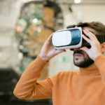 Man using VR headset in a retail store, highlighting tech innovation in application-centric PaaS for retail environments.
