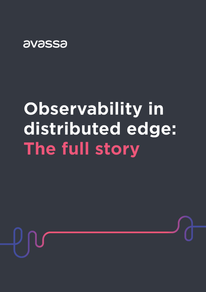 Cover image with Avassa logo and title text: 'Observability in distributed edge: The full story' on a dark background with decorative line graphic.