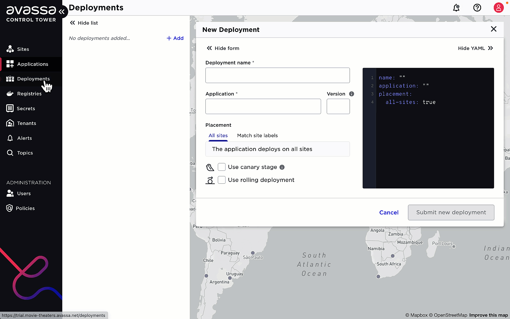 Avassa Control Tower “New Deployment” screen showing a form to configure deployment name, application, version, and placement, with YAML preview.