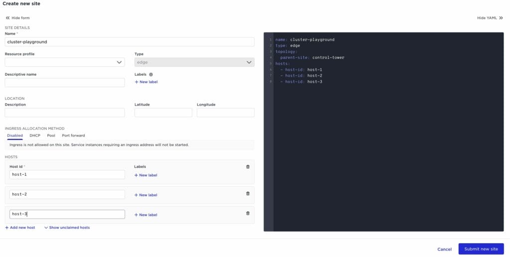 "Create new site" interface for a site named cluster-playground, with three hosts (host-1, host-2, host-3) and edge type selected; corresponding YAML configuration is shown on the right.