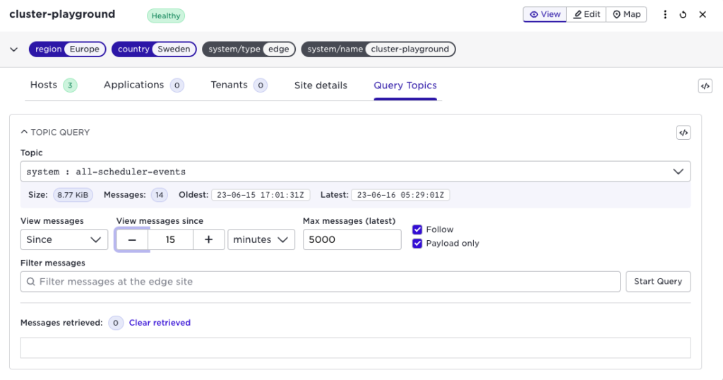 Query Topics tab for the ""cluster-playground"" site in Sweden, showing system topic all-scheduler-events with filter and retrieval options.