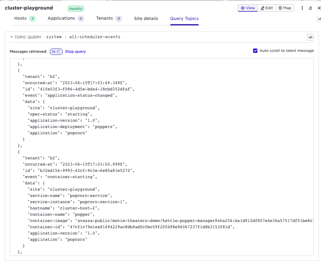 Query Topics tab in Avassa showing real-time scheduler events for the "cluster-playground" site, including application status changes and container start logs for the "popcorn" application deployment.