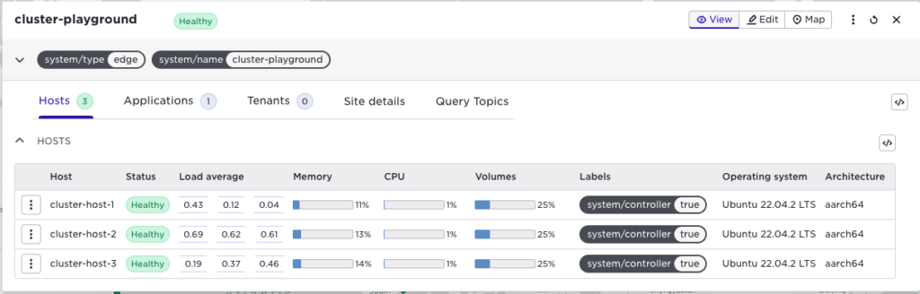 Cluster-playground dashboard showing three healthy hosts running Ubuntu 22.04.2 LTS on aarch64 architecture with controller labels.