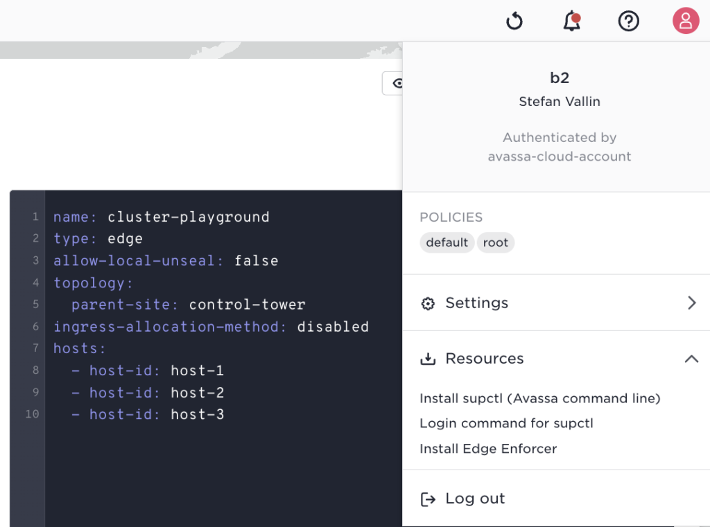 User profile dropdown showing login info, policies, settings, resources, and a YAML config for cluster-playground site.