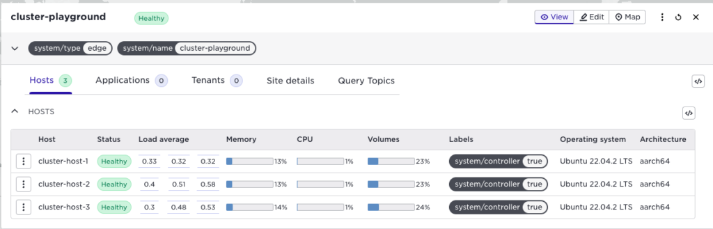 "Cluster-playground" site has 3 healthy hosts, all running Ubuntu 22.04.2 LTS on aarch64, with no apps or tenants deployed.