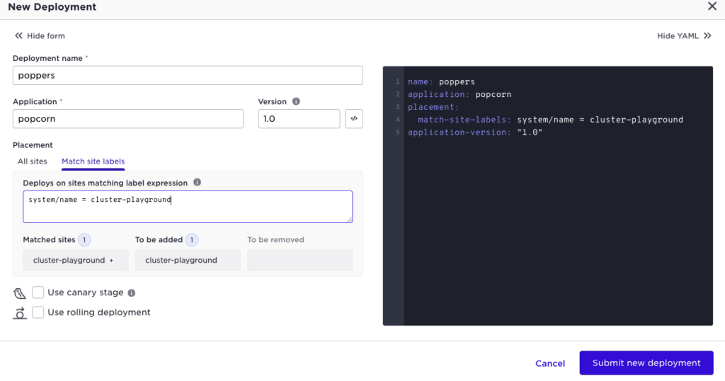 New deployment form for 'poppers' app version 1.0 targeting 'cluster-playground' site with YAML preview and label match.