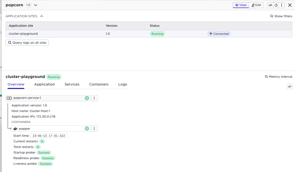 Navigating to the application and inspecting its scheduling to cluster-host-1.