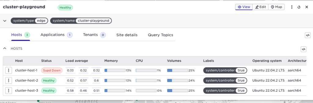 Performing operations on VM instances with host-ids host-2 and host-3, leading to a 'healthy' site status in the Control Tower.