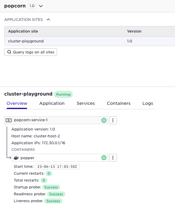 "popcorn" application version 1.0 running on site "cluster-playground" with service "popcorn-service-1" and container "popper", showing all health probes as successful and no restarts.