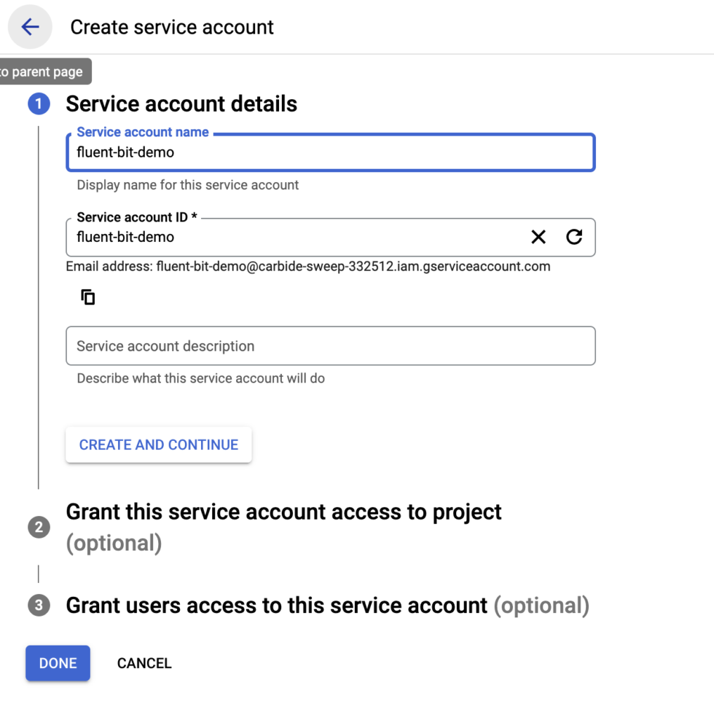 Screenshot of the Google Cloud Console interface showing the creation of a service account named "fluent-bit-demo."