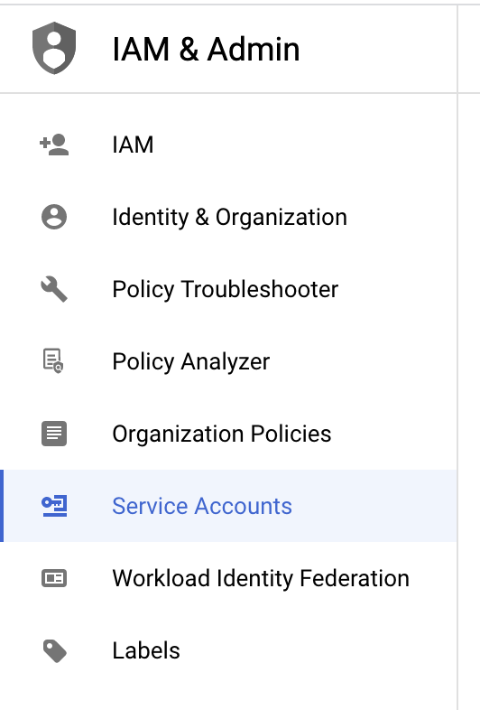 Google Cloud IAM & Admin menu showing options like IAM, Service Accounts, Policy Analyzer, and Workload Identity Federation.