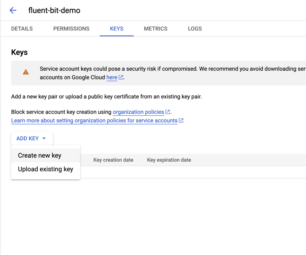 Google Cloud service account key management for 'fluent-bit-demo' with options to create or upload a key under the Keys tab.