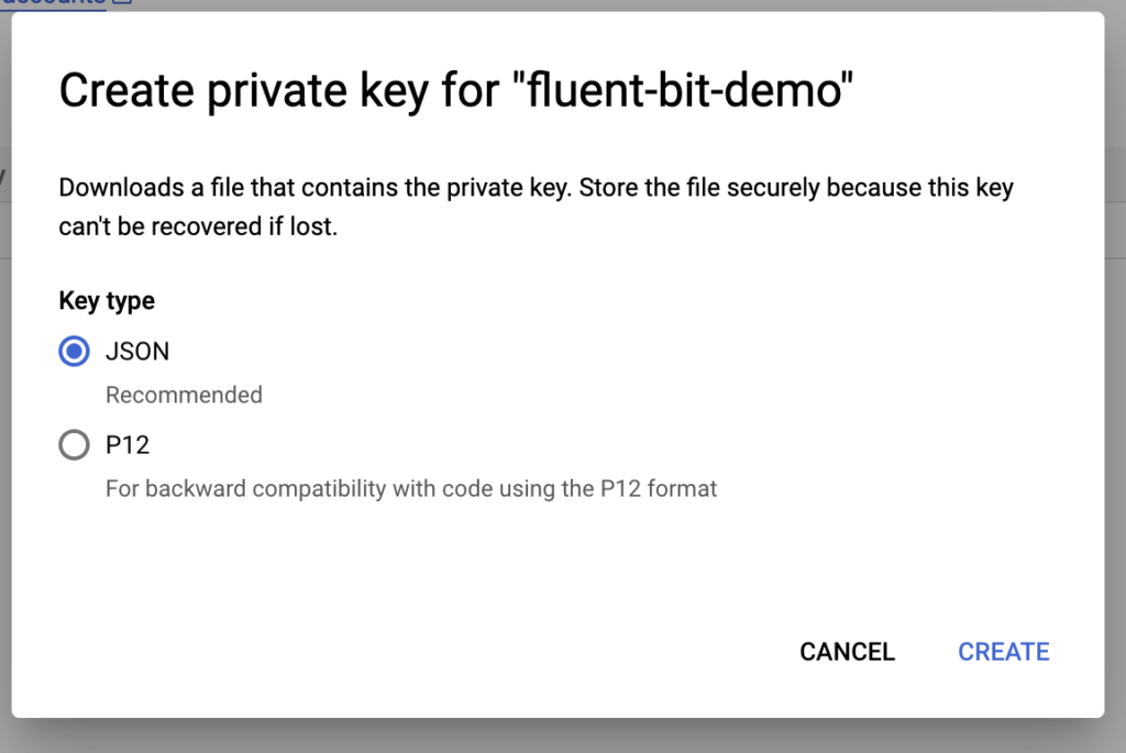 Popup dialog for creating a private key for "fluent-bit-demo" with options to download the key in JSON (recommended) or P12 format.