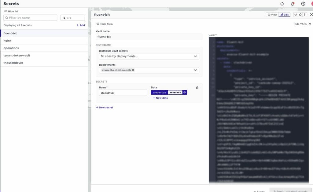 Secrets management interface showing vaults, deployment distribution, and encrypted credential data entry.
