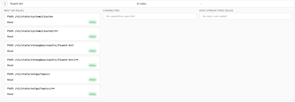 Fluent-bit REST API rules configuration showing allowed read paths and security rules for vault deployment.