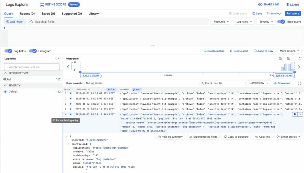 Google Cloud Logs Explorer showing query results for fluent-bit logs with JSON payloads, timestamps, and histogram view.