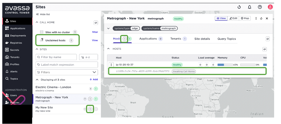 Screenshot of the Avassa UI showing the status of the call home process and unclaimed hosts.