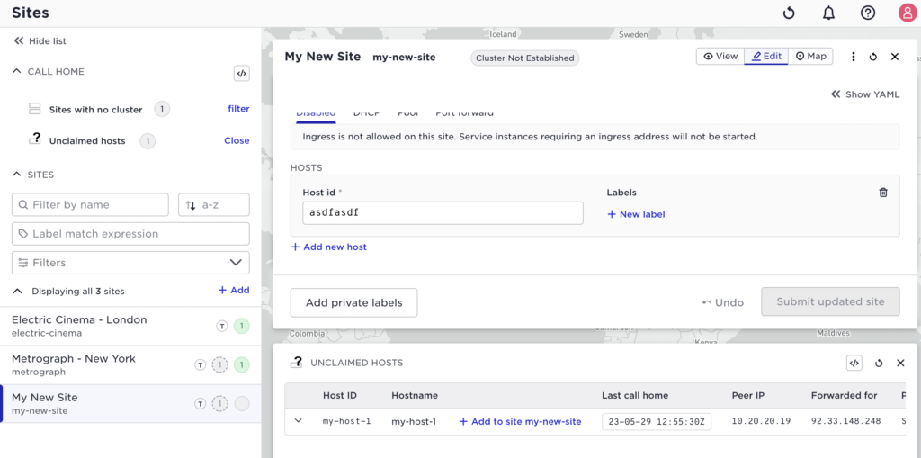 Screenshot of the Avassa UI showing unclaimed hosts added to a specific site.