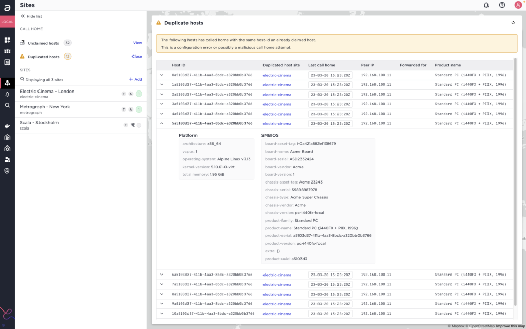 Screenshot of the Avassa UI showing a list of duplicate hosts calling home.