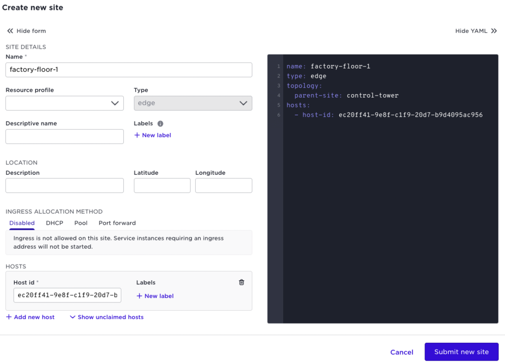 Screenshot of the Avassa UI showing how to add a serial number to a new host on the appropriate site.