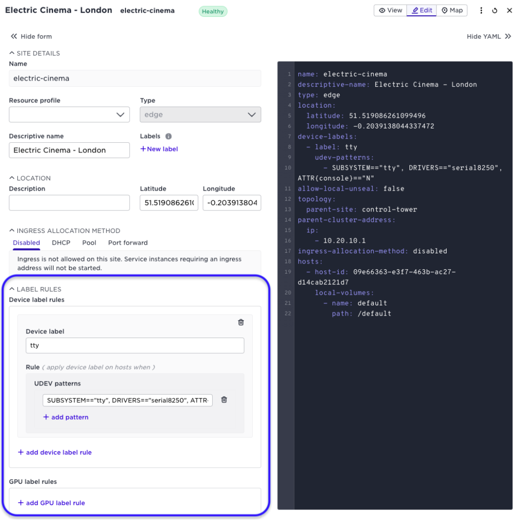 Screenshot of the Avassa web UI showing device label rules configuration for a site.
