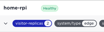 "home-rpi" edge system labeled Healthy, showing 2 visitor-replicas and tags for system type and name.