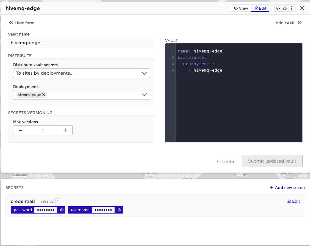 Vault configuration interface for 'hivemq-edge' showing deployment distribution settings, secret versioning set to 1, and credentials section with masked password and username.