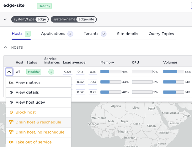 Edge-site health dashboard showing host metrics, service instances, and system status with management options