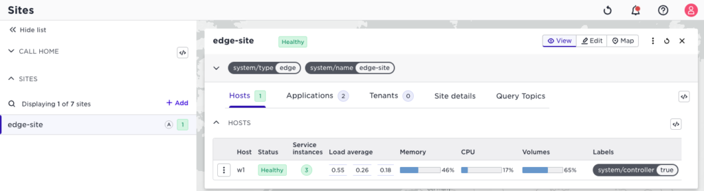 Dashboard showing the "edge-site" is healthy with 1 host (w1) running, displaying load, memory, CPU, volume usage, and labels.