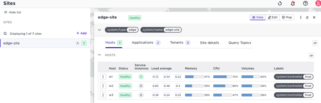 Sites dashboard displaying edge-site hosts, health metrics (CPU/memory), and system labels for 3 healthy nodes.
