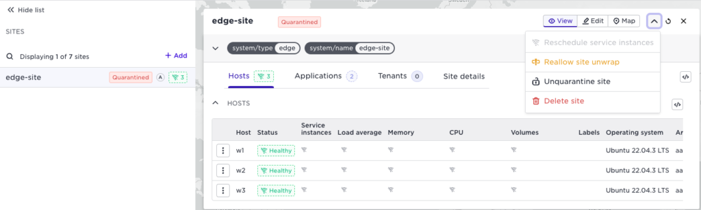 Dashboard showing quarantined 'edge-site' with three healthy hosts (w1, w2, w3) running Ubuntu 22.04.3 LTS, and options to reallow, unquarantine, or delete the site.
