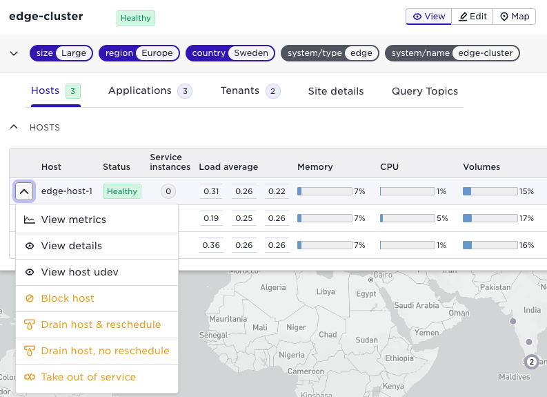 Dashboard view of the “edge-cluster” in Sweden showing host metrics. Host edge-host-1 is healthy with options to block, drain, or view details.