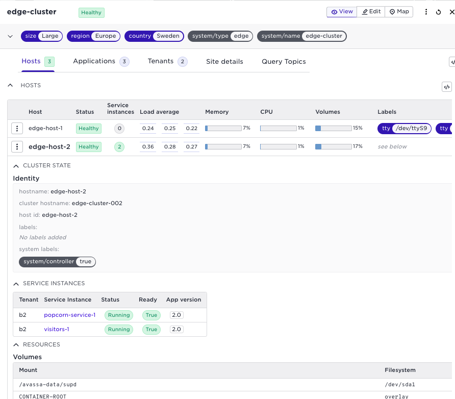 Screenshot of the "edge-cluster" dashboard showing two healthy hosts, with "edge-host-2" running two service instances: "popcorn-service-1" and "visitors-1.