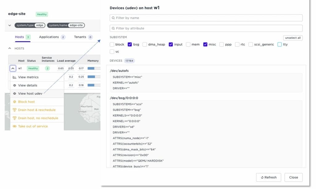 Dashboard showing detailed view of host W1 on 'edge-site' with metrics like load average and memory, and a udev device list filtered by subsystem attributes.