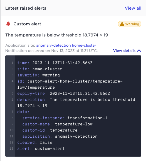 Custom alert generated when temperature falls below a threshold, using Avassa API.