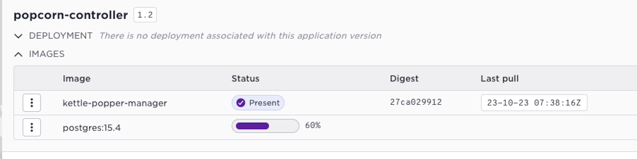 Control Tower Web UI displaying the image download status for 'popcorn-controller' version 1.2, showing progress bars and timestamps.
