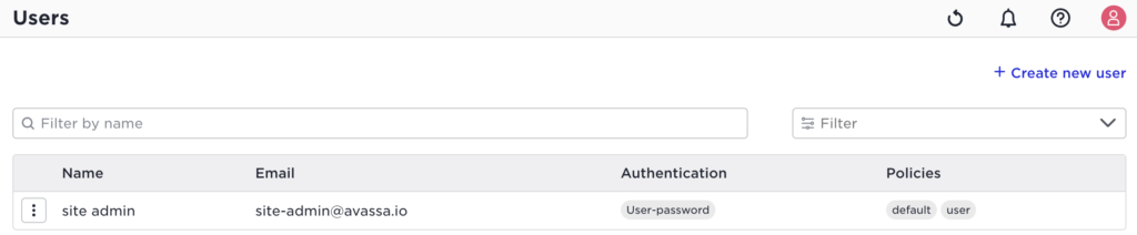 User management interface showing ""site admin"" user with email site-admin@avassa.io, using user-password authentication and assigned the "default" and "user" policies.