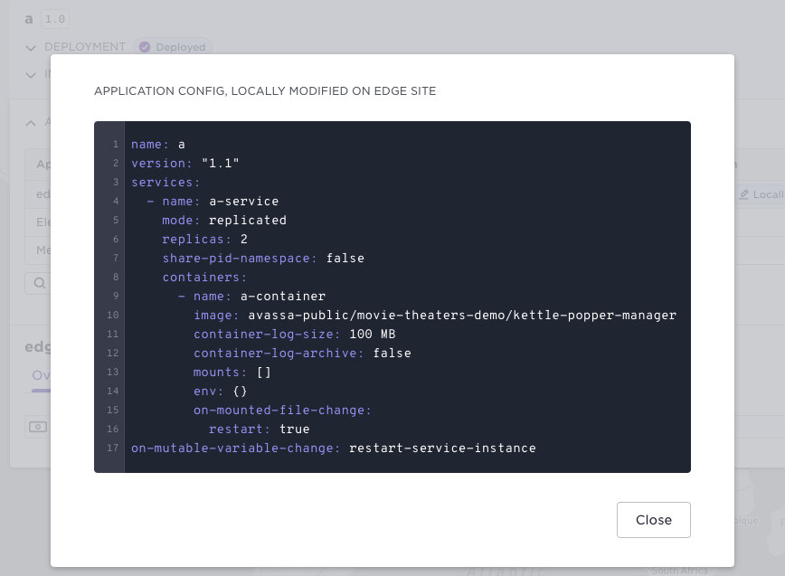 Screenshot displaying an application configuration, locally modified on an edge site, in YAML format.