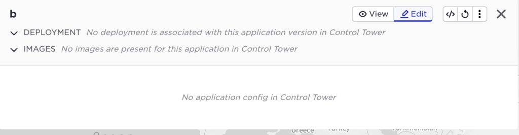 Avassa Control Tower screen showing no deployment, images, or application config associated with application version "b".