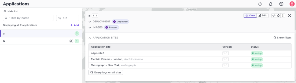 Applications dashboard showing 2 edge sites, filters, and management options for Electric Cinema and Metrograph.