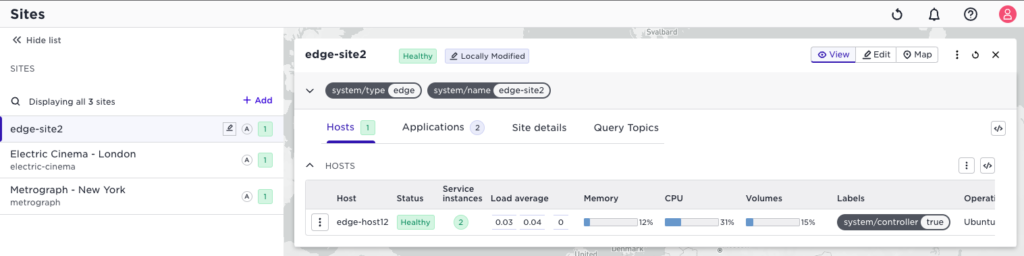 Sites dashboard showing 3 edge locations with host metrics, system status, and management options for edge-site2