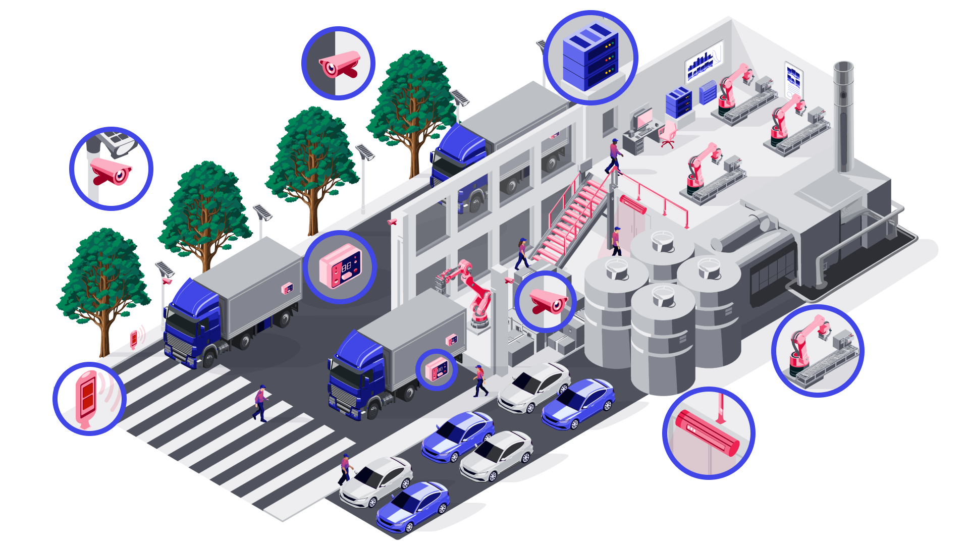 Smart industrial facility with IoT-enabled security, automation, and monitoring systems for logistics, factory, and perimeter control.