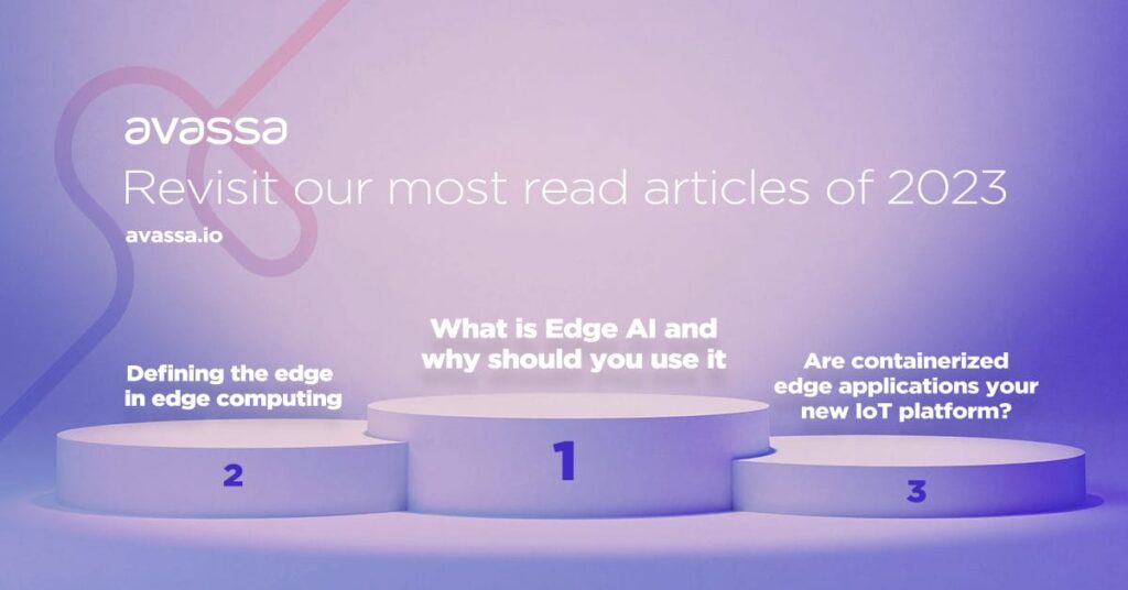 Avassa's most read edge computing articles of 2023, displayed as winning podiums.