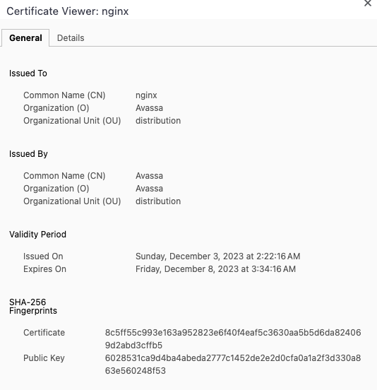 Certificate Viewer for nginx showing details issued to and by Avassa, with a validity period from December 3 to December 8, 2023, and SHA-256 fingerprints.