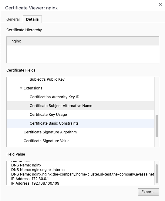 Certificate viewer window showing details for an NGINX certificate, including DNS names and IP addresses in the Subject Alternative Name field.
