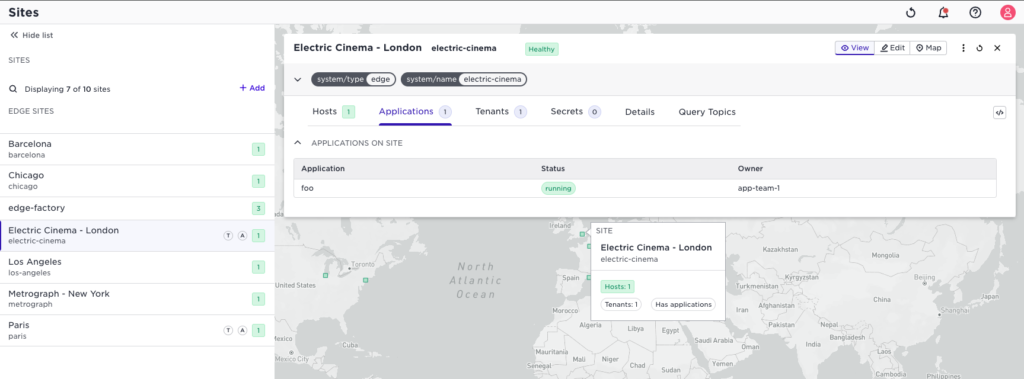 Screenshot of the Avassa Control Tower UI showing a site provider's view of assigned sites, including Electric Cinema.