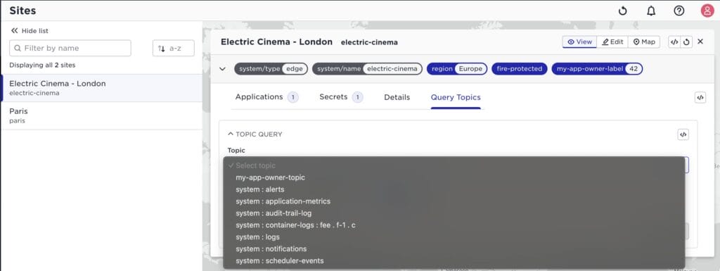 Screenshot of the Avassa Control Tower UI showing query topics for an application owner tenant.
