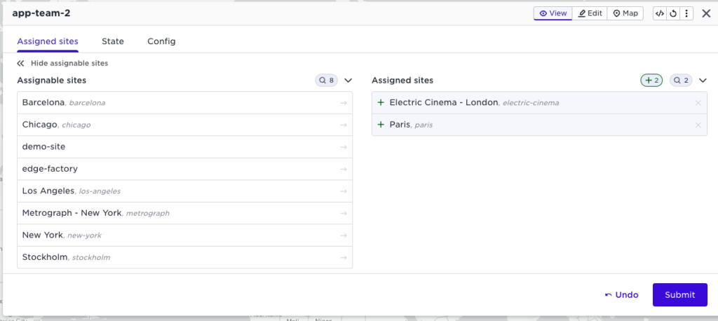 Screenshot of the Avassa Control Tower UI showing the assignment of sites to the new application owner tenant.