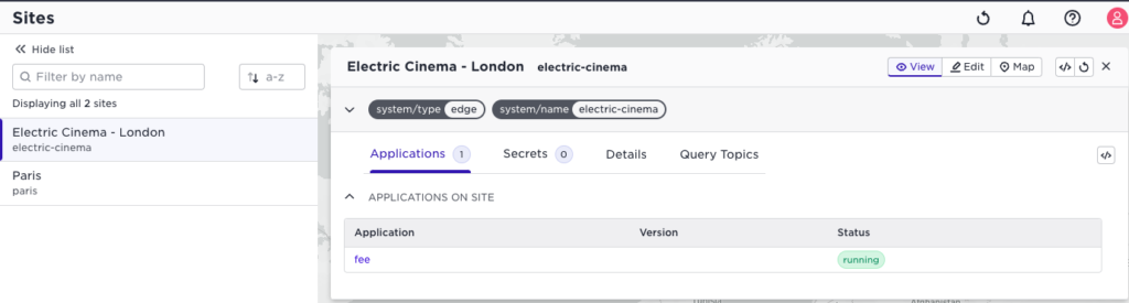 Screenshot of the Avassa Control Tower UI showing the site provider's view of tenants and applications on a site.