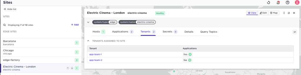 Screenshot of the Avassa Control Tower UI showing two tenants with an application each.